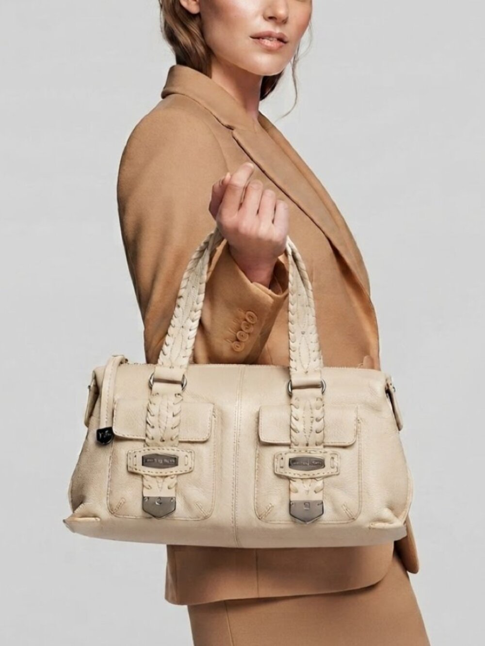 MICHAEL KORS Cream Beige Leather Satchel Shoulder Bag Stud Whipstitch Tr…